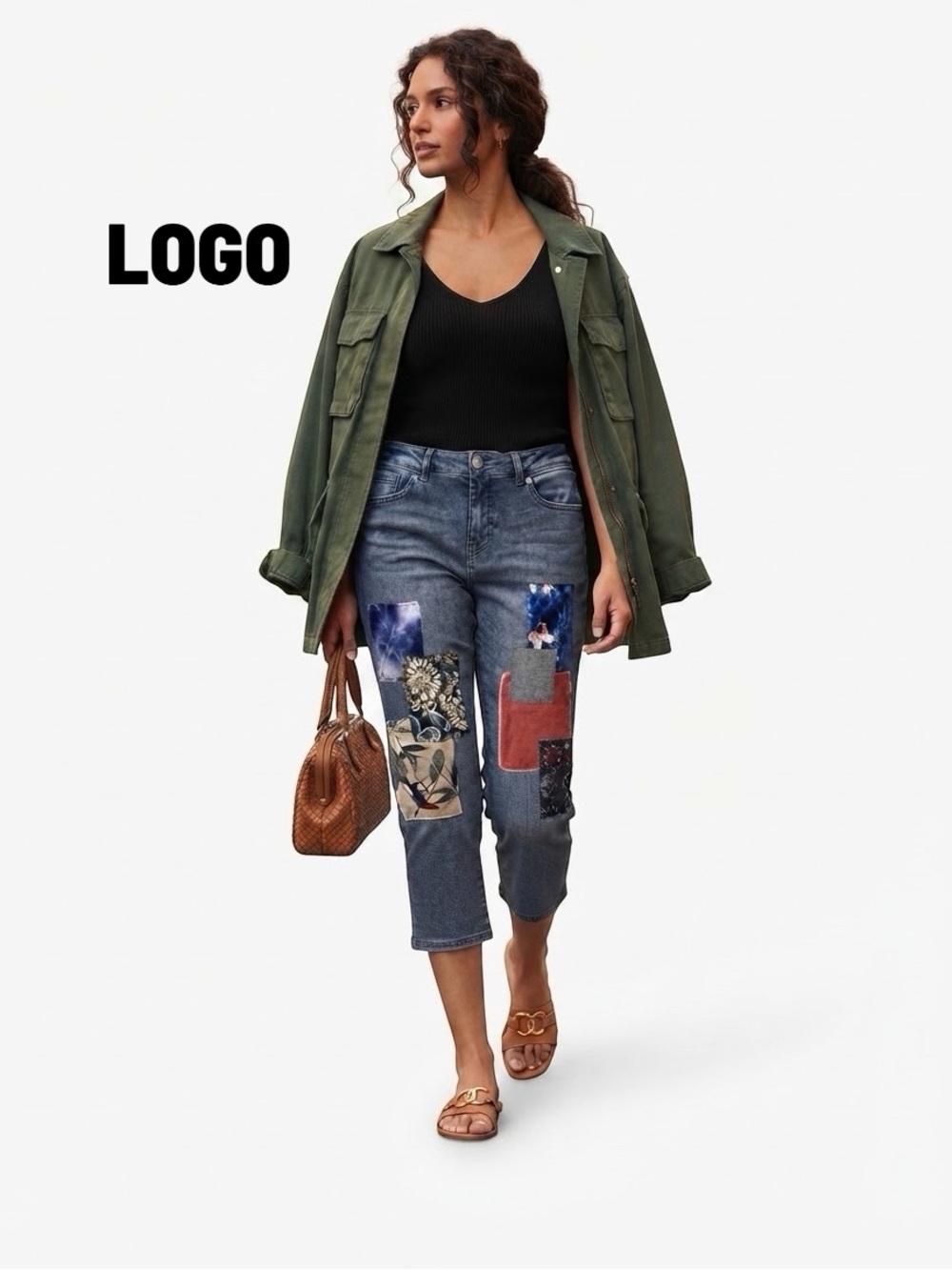 LOGO Lori Goldstein Boyfriend
Jeans 14P Patchwork Embellished
Crop Capri